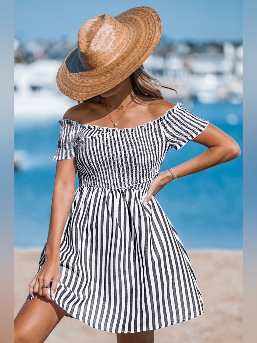Striped Off-Shoulder Smocked Mini Dress